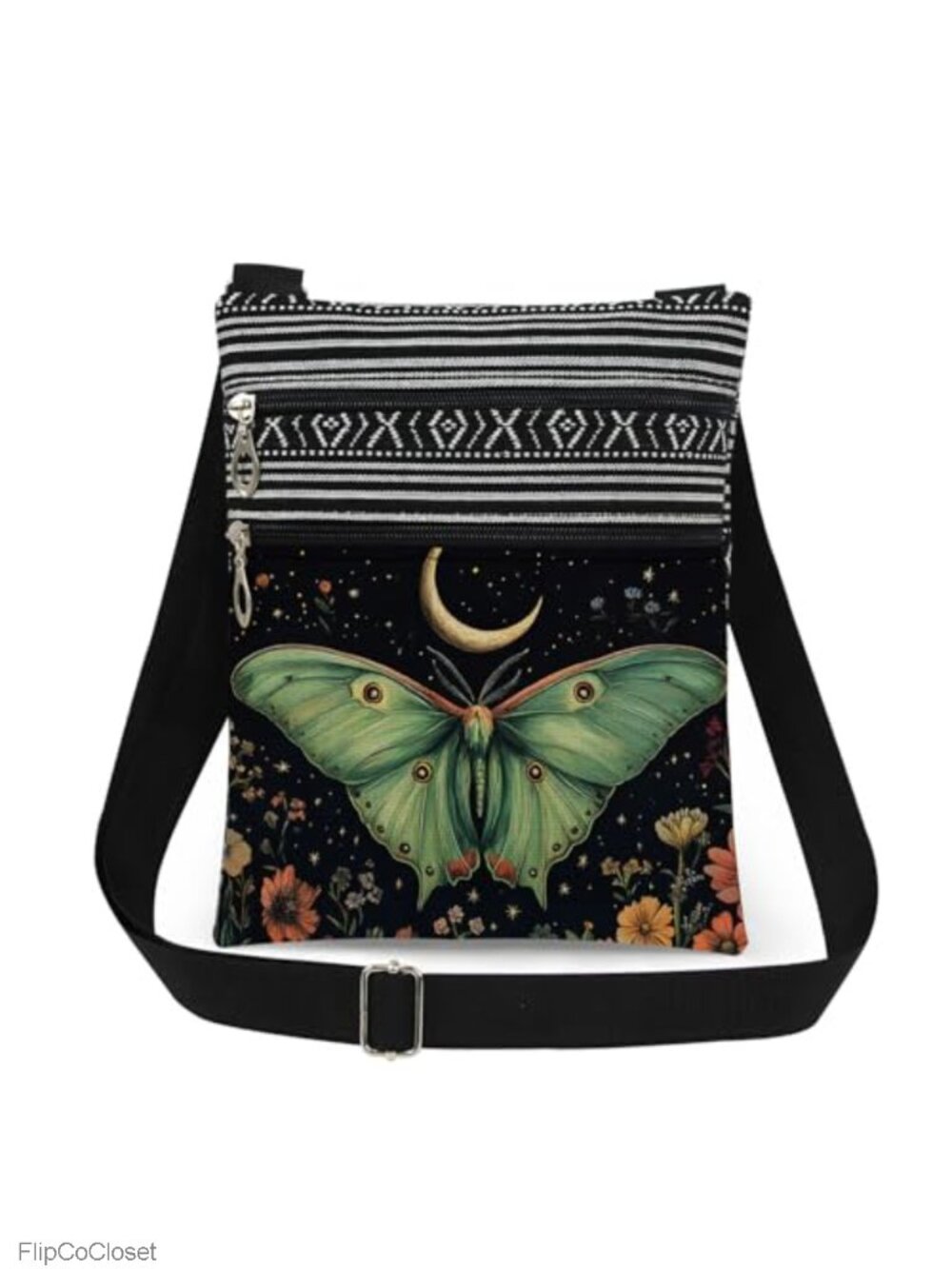 Moth Crossbody Bag Polyester Adjustable Strap Double Zipper Lightweight